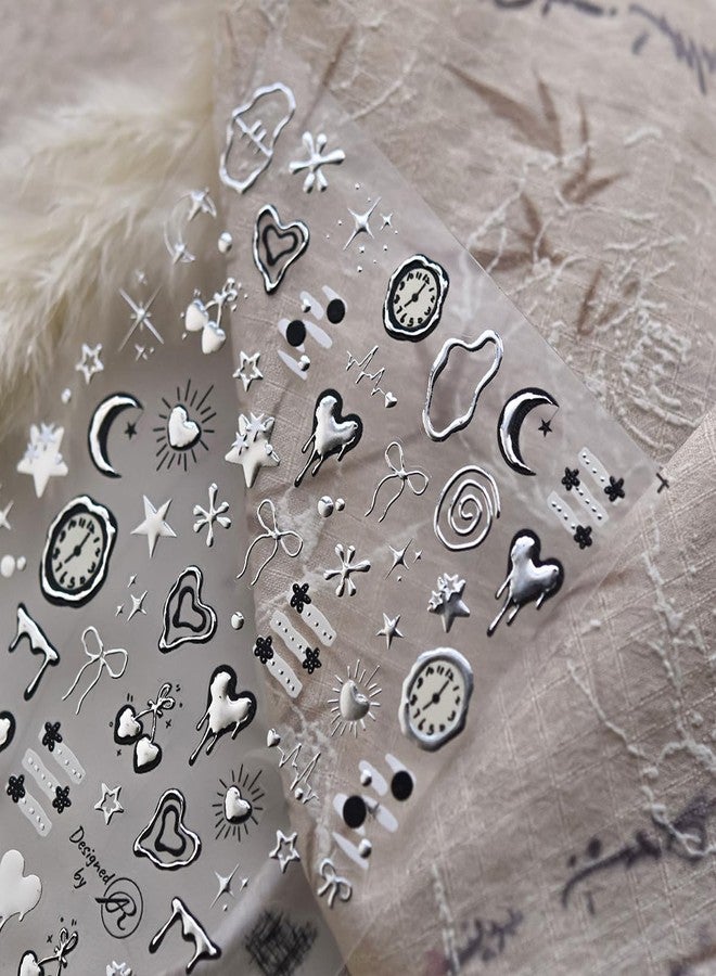 OSTTMA Silver Nail Art Stickers Metal Heart Nail Decals 5D Embossed Silver Heart Star Moon Clock Bow Designs Y2K Nails Art Supplies Metallic Style Self Adhesive Manicure Decoration for Women - Image 1